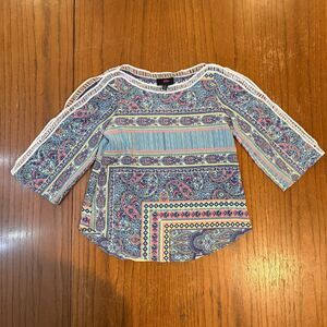 IZ Byer Boho Paisley Blouse Lace Trim 3/4 Sleeve Festival Top M